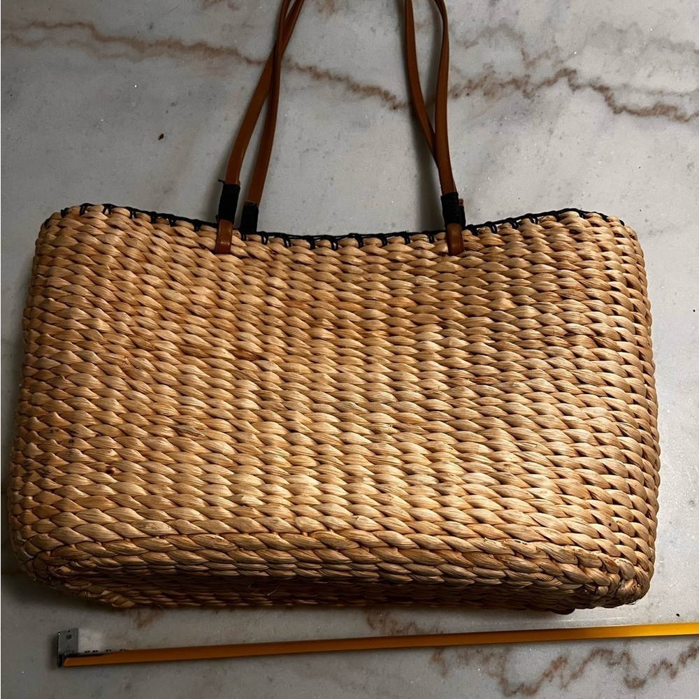 Breckenridge Straw Tote Bag Purse Blonde Wicker Rattan Picnic Blue Check Teacup - Picture 5 of 6